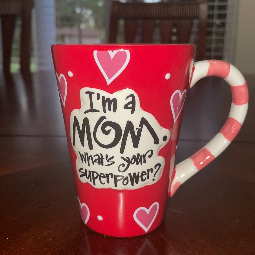 Burton & Burton “I’m A Mom What’s Your SuperPower”Red and Pink Hearts Coffee Mug